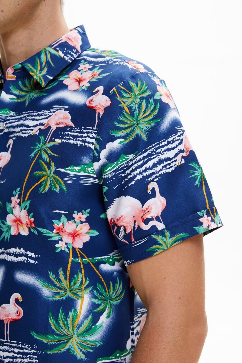 SSLR Mens Hawaiian Shirt Flamingos Casual Short Sleeve Button Down Shirts Aloha Shirt (Medium, Navy) - Image 5